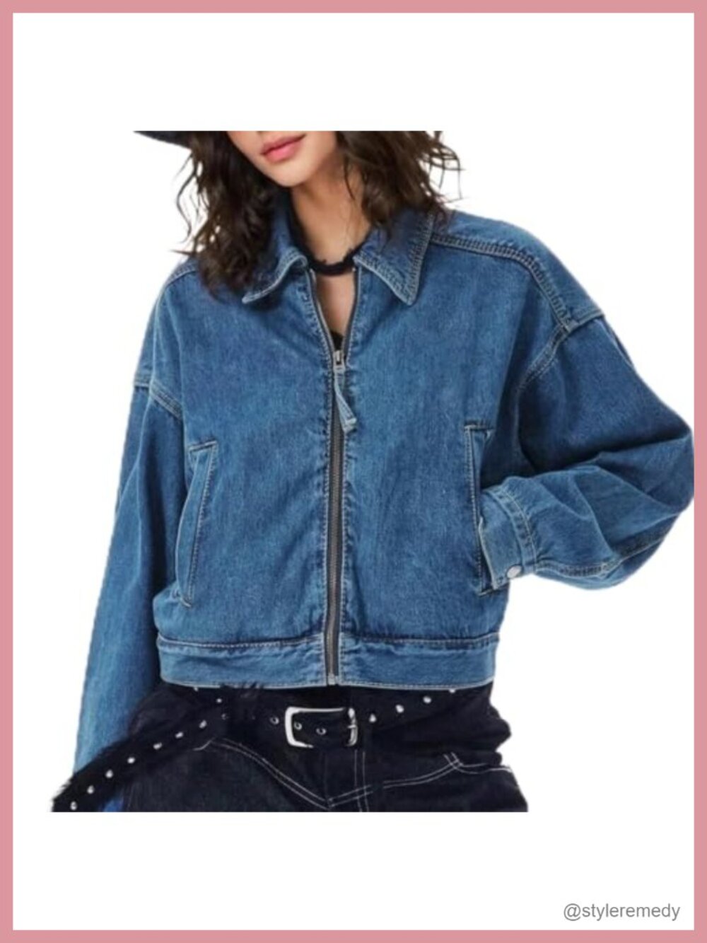 Denim Bomber Jacket Crop Loose Fit Zip Up Casual Fall Coat